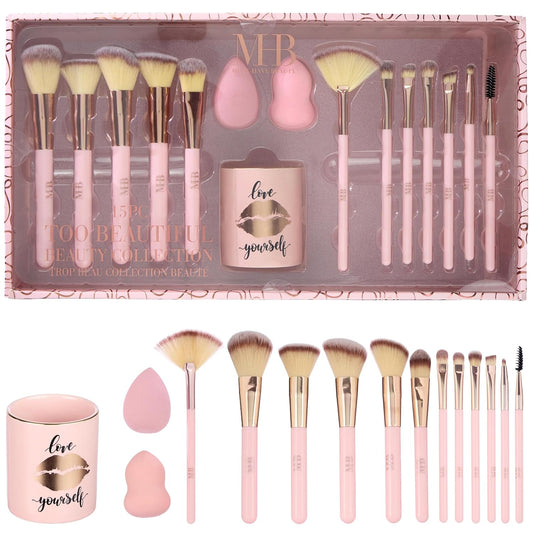 15pc Beauty Set - Beautiful Makeup Brush Collection with Beauty Blenders, Spoolie and Storage Tumbler | Professional Cosmetic Brushes For Seamless Makeup Application