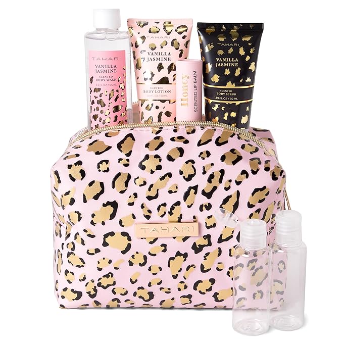 Tahari Vanilla Jasmine Spa Gift Set for Women – Luxurious Bath Kit with Body Lotion, Body Scrub, Body Wash & Lip Balm with Bag – Perfect Selfcare Gifts for Women (Leopard)