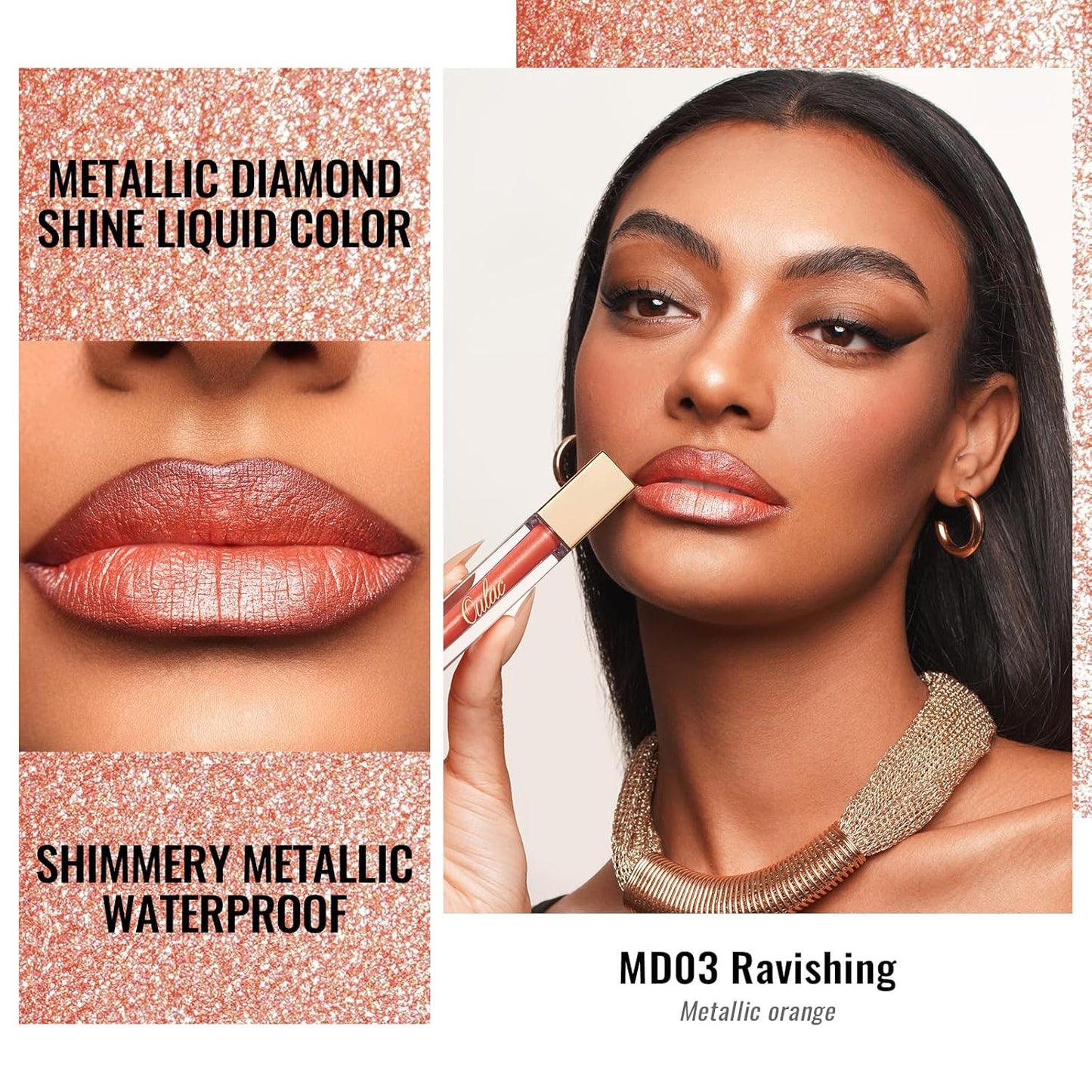 Oulac Orange Lip Gloss Metallic Shine Lipstick for Women, Dual Use for Lips & Eyeshadow, Long Lasting Waterproof, High Impact Lip Color, Oil-Based Formula, Vegan, 4.5ml, MD03