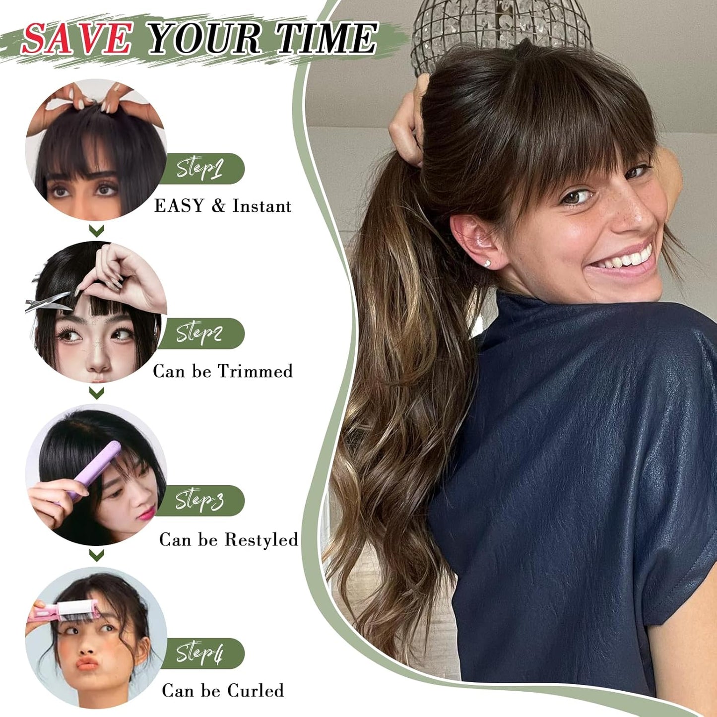 Clip in Bangs for Women - 100% Real Human Hair Wispy Bangs Hair Clip with Temples Hairpieces Fake Bangs for Daily Wear (Natural Black, Wispy Bangs)