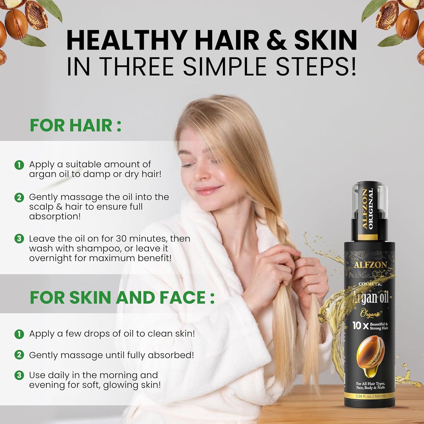 𝐏𝐫𝐞𝐦𝐢𝐮𝐦 Moroccan Argan Oil 100% Pure USDA Organic Hair Treatment, Cold Pressed For Dry, Damaged, Curly & Frizzy Hair, Skin, Face, Body & Beard Natural Anti Aging for Women & Men, Large 3.38 oz