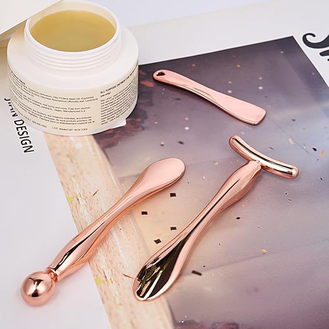 3Pcs Metal Eye and Face Cream Applicator Stick Cosmetics Spoon Spatula, Massager Tool for Facial Massage, Reduce Puffiness (Rose Gold)