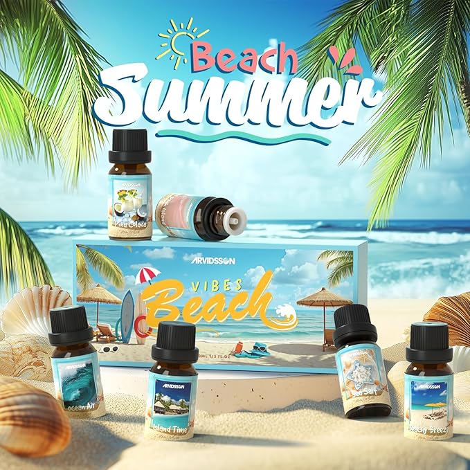 Beach Fragrance Oils Set, ARVIDSSON Summer Essential Oils for Diffuser - Beachy Breeze, Ocean Air, Pina Colada, Pink Sand, Sea Salt, Island Time, Tropical Scented Oil