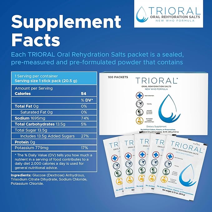 TRIORAL Rehydration Electrolyte Powder - WHO Hydration Supplement Salts Formula - Combat Dehydration from Workouts, Fluid Loss and Much More - 100 Drink Mix Packets