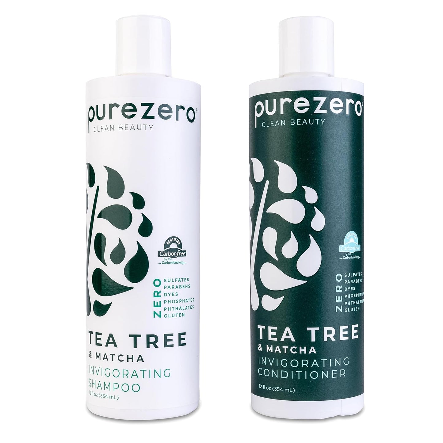 Purezero Tea Tree & Matcha Shampoo and Conditioner Set - Nourishing & Invigorating Scalp Treatment - Zero Sulfates, Parabens, Dyes Vegan and Cruely Free (12 Fl Oz (Pack of 2))