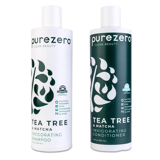 Purezero Tea Tree & Matcha Shampoo and Conditioner Set - Nourishing & Invigorating Scalp Treatment - Zero Sulfates, Parabens, Dyes Vegan and Cruely Free (12 Fl Oz (Pack of 2))