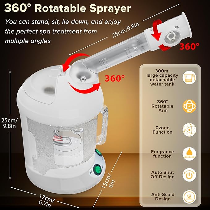 Easy to Clean Facial Steamer, Nano Ionic Face Steamer for Facial Deep Cleaning, Portable Face Humidifier with 360° Rotating Arm, 300ML Large Capacity, with Aromatherapy Diffuser, Warm Mist