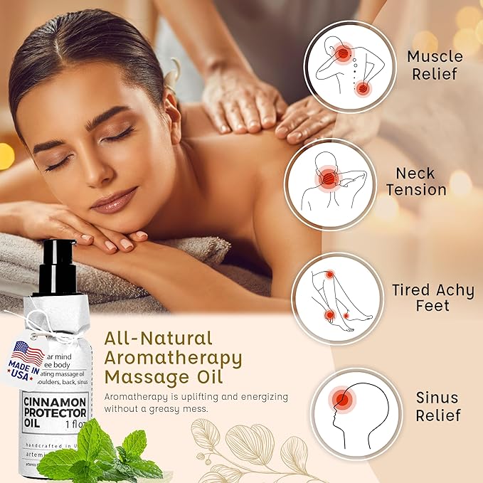 Massage Oil for Neck Massage, Muscles, Cupping, and Massage Tools. Aromatherapy Essential Oils and Herbal Extracts Cinnamon Protector Oil by Artemis Therapeutics