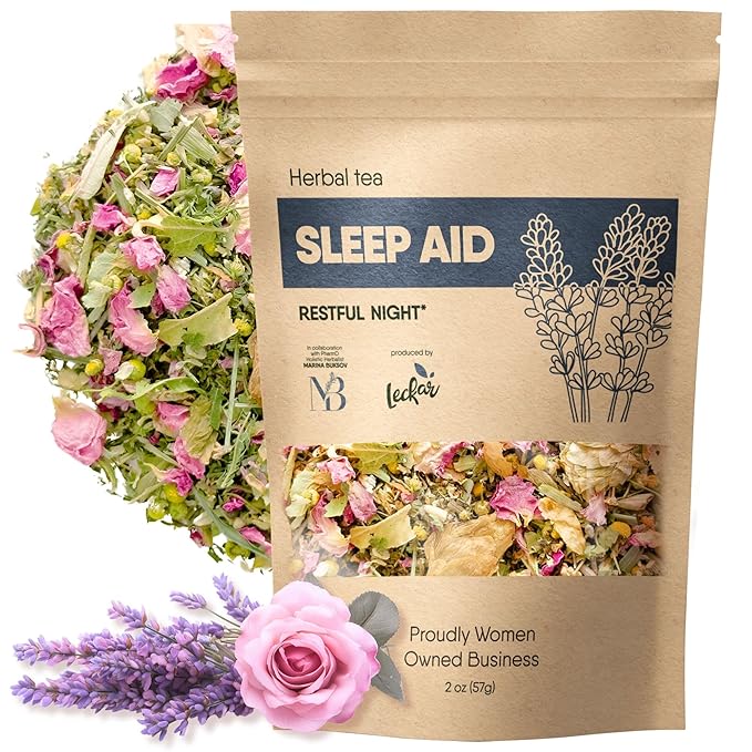 Sleep Aid Tea for Bedtime with Calming Lemon Balm, Relaxation Lavender, Linden Flowers, Chamomile, California Poppy, Passion Flowers, Verbena, Natural Herbal Organic Wellness Tea for Relaxation and Stress Relief, Sleepytime