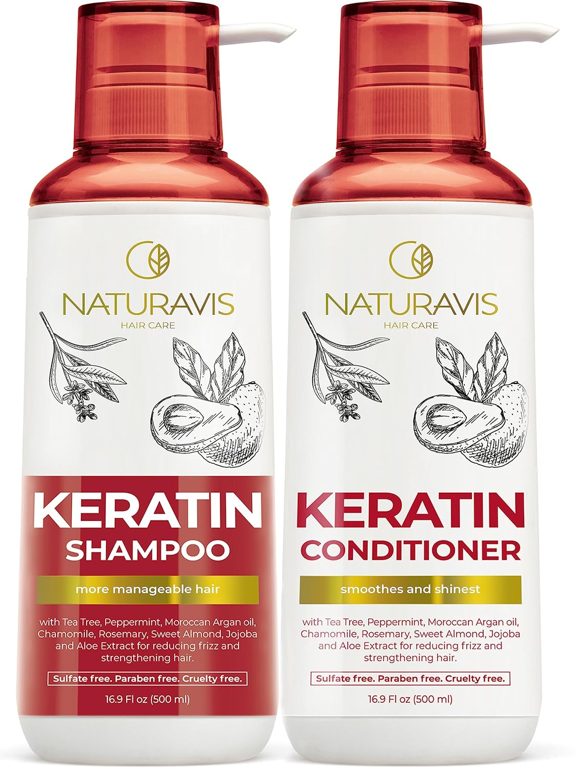 Keratin Shampoo and Conditioner Set – Sulfate Free, All Hair Types – Women and Men – 16.9 Fl Oz (Pack of 2)