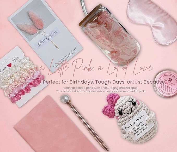 Pink Birthday Gifts for Teen Girls,Inspirational Gifts Basket for Her, Cute Bow Theme Birthday Gifts for Women, Friendship Gifts for Daugther/Sister/Friend （Pink &Bow)