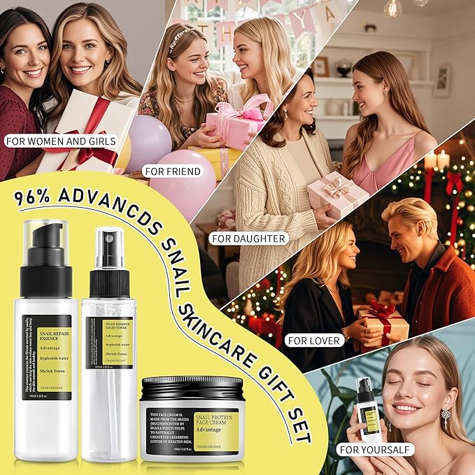 Advanced Snail 96% Mucin Power Essence Set – Korean Skincare Set for Women, Includes Snail Mucin Serum，Hydrating Toner & Face Cream, Moisturizing & Skin Renewal, 3PCS Travel Size Toiletries