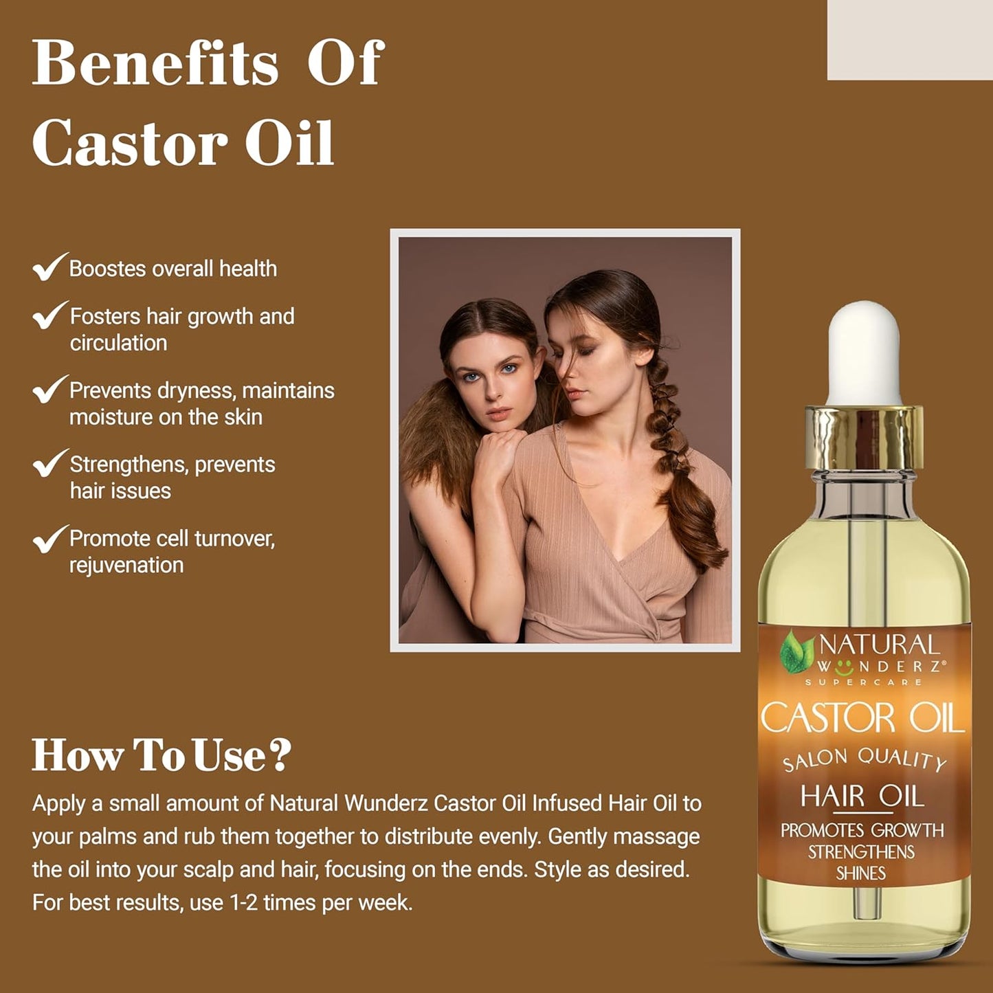Natural Wunderz Castor Hair Oil, Supports Hair Growth, Thickening Serum and Moisturizing Scalp Treatment for Dry and Damaged Hair, Sulfate Free and Vegan Friendly, 4 Fl Oz