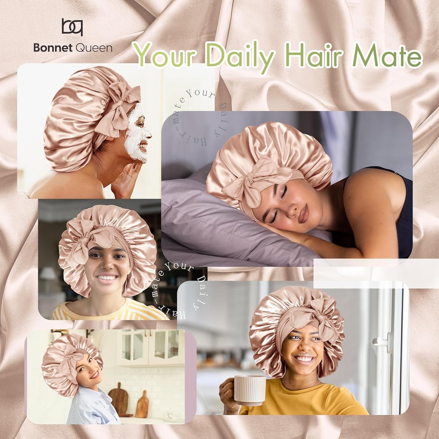BONNET QUEEN Satin Bonnet Cool Breathable Single Layer Silk Bonnet for Sleeping Women Hair Bonnet Night Sleep Cap Scarf Wrap for Curly Hair with Tie Band Champagne