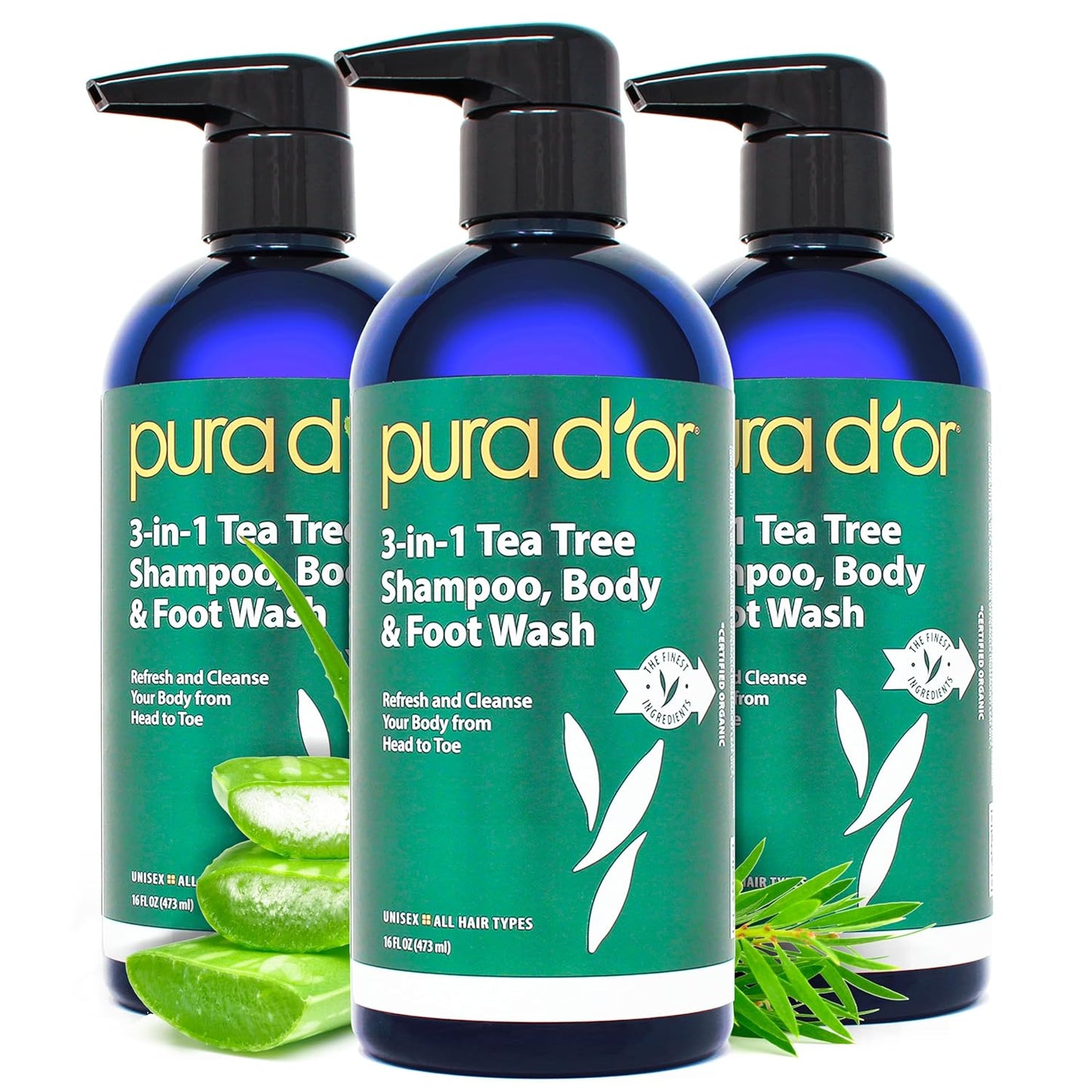 PURA D'OR 3-in-1 Tea Tree Shampoo, Body & Foot Wash, Shampoo (16oz x3 = 48oz) Total Body Care - Foot Odor & Daily Hygiene, Cleansing Routine, Post-Workout Refreshment - Soothes, Invigorates, Nourishes