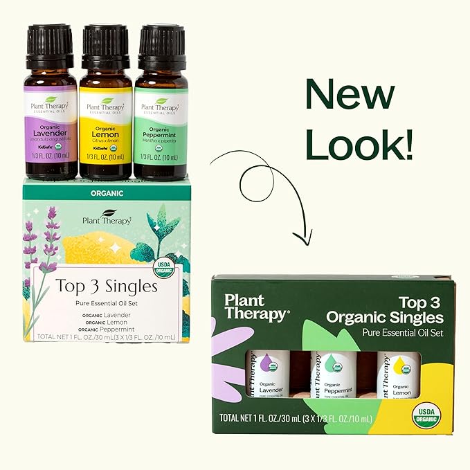 Plant Therapy Top 3 Organic Essential Oil Singles Set 10 mL (1/3 oz) Lemon, Lavender & Peppermint 100% Pure Essential Oils, Undiluted, Natural Aromatherapy for Diffusion and Body Care