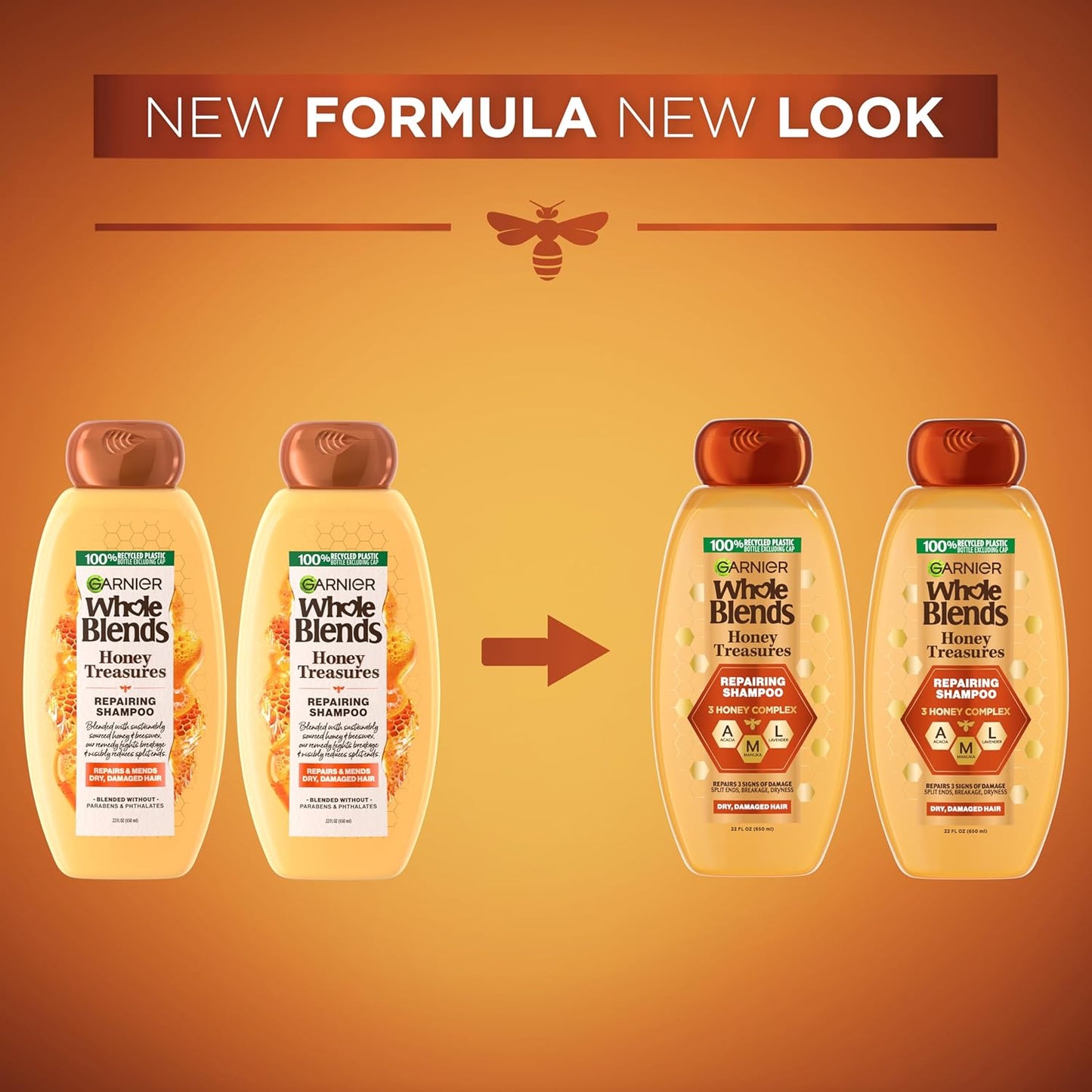 Garnier Whole Blends Honey Treasures Repairing Shampoo, for Dry, Damaged Hair, 22 Fl Oz, 2 Count (Packaging May Vary)