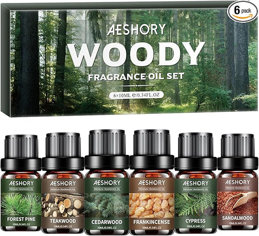 Woody Essential Oils Set - 6x10ML Woody Scents Fragrance Oil for Candle Making, Diffuser - Teakwood, Sandalwood, Cedarwood, Cyperss, Forest Pine, Frankincense Aromatherapy Oils