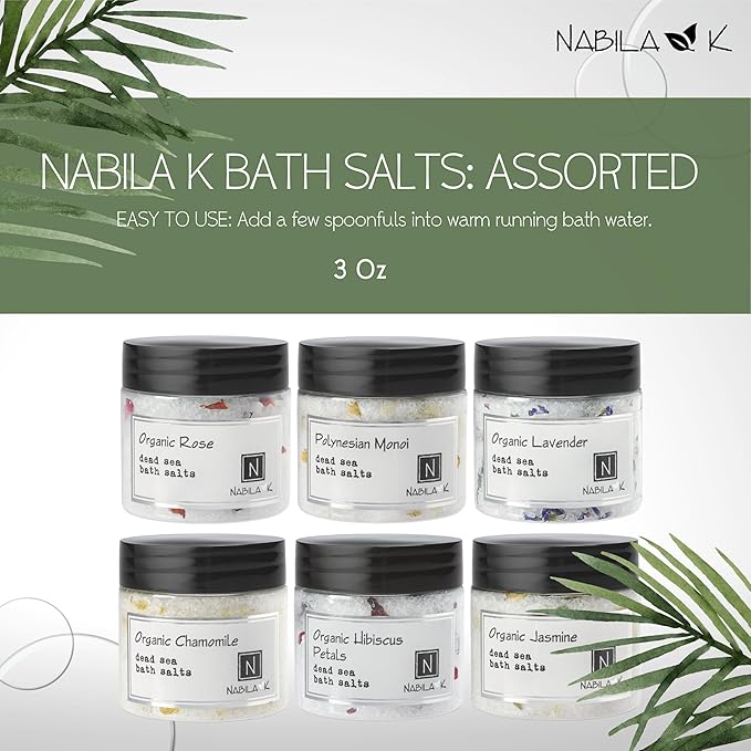 Assorted Bath Salts (Set of 6) by Nabila K - Dead Sea Salt & Epsom Salt Scrub & Soak - Exfoliates & Hydrates Skin, Botanical Essential Oils - Bubble Bath Accessories for All Skins Types, 2 oz