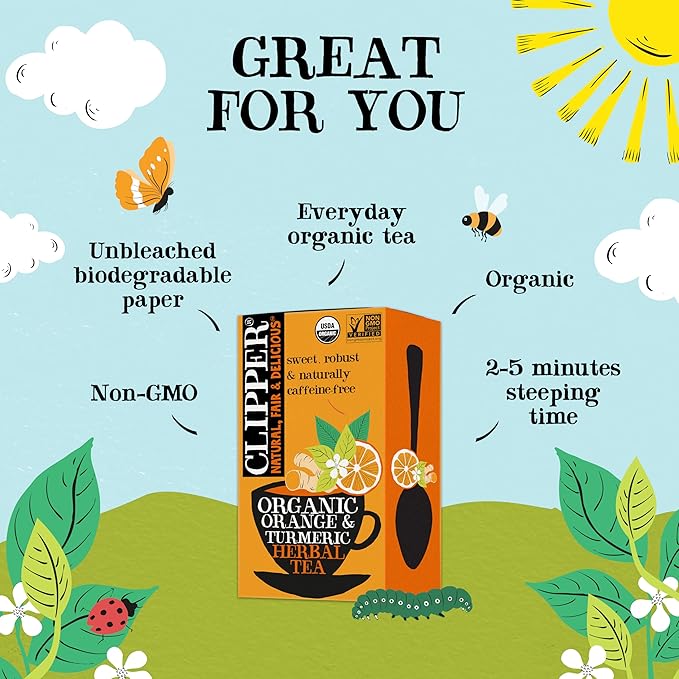 Clipper Tea, Orange & Turmeric, Organic Tea with Licorice Root, Orange Peel and Hibiscus, Plant Based Herbal Tea, Caffeine Free British Tea, 6 Pack, 120 Unbleached Tea Bags
