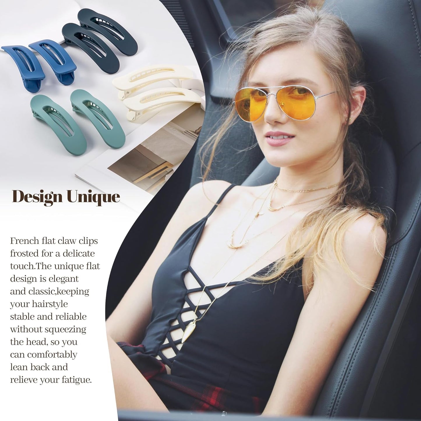 8 Pcs Large Lay Flat Claw Clips for Women French Side Slide Barrettes for Thin Fine Hair Rectangle Alligator Hair Accessories,Matte Blue Beige