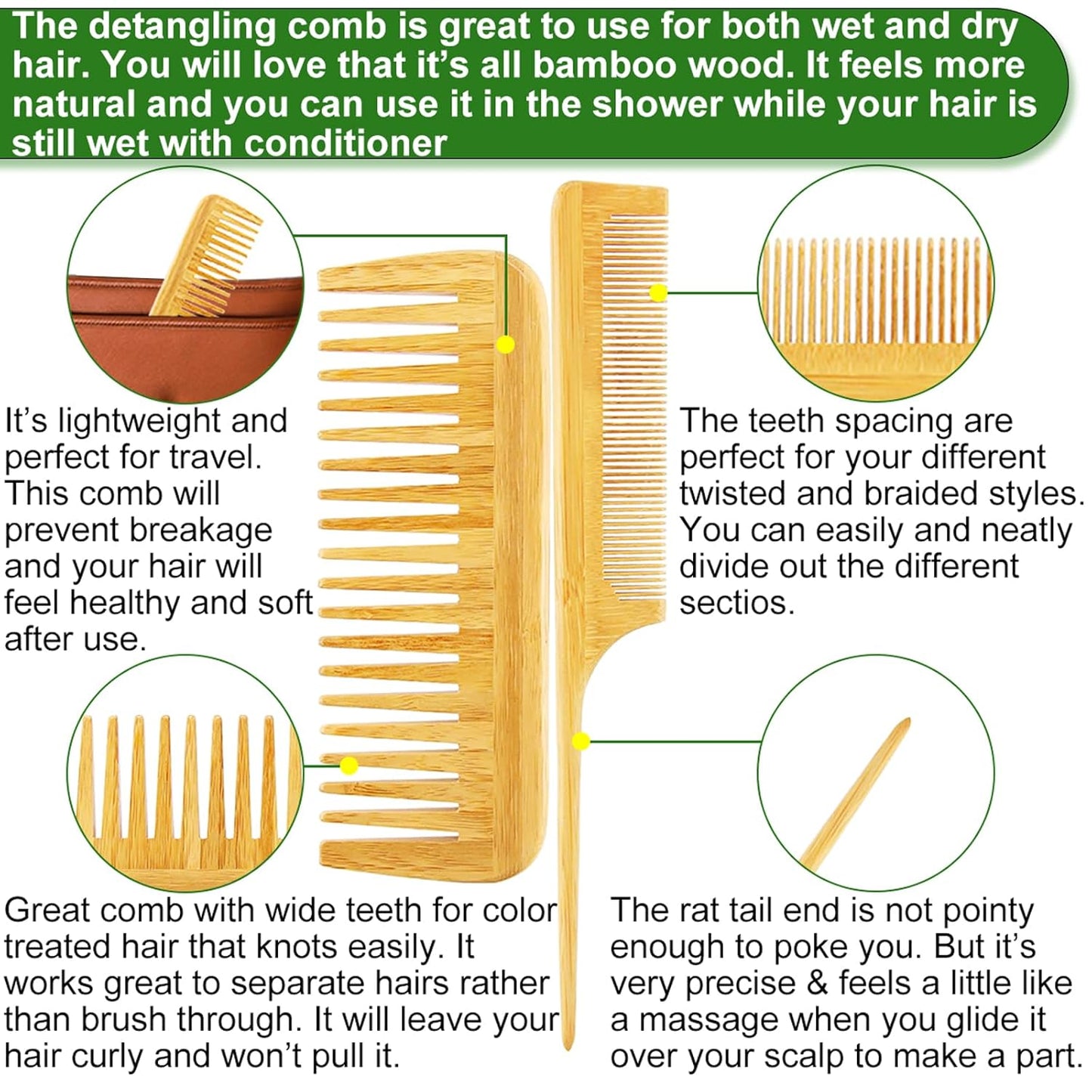 Bamboo Hair Brush Comb Set for Women, Wooden Paddle Detangling Brush for Thick Thin Curly Straight Wavy Fine Hair, Wide Tooth & Tail Comb Great for Wet or Dry Use, Hairbrush Cleaning Tool Included