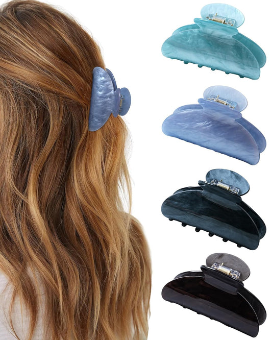 ACECHA 4 Pack Acrylic Hair Claw Clips for Women, 3.1" Shiny Nonslip Hair Grip Hairclips for Thin and Thick, Banana Barrettes Hair Clups Strong Hold Hair Accessories (Grey, Coffe, Blue, Green)