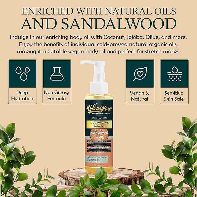 100% Pure Natural Hydrating Body Oil After Shower with Vitamin E, Coconut, Jojoba, Olive, Almond - Moisturizing Oil For Dry Skin, Non-Greasy Body Oils - Sandalwood Scent, 5.07 fl oz
