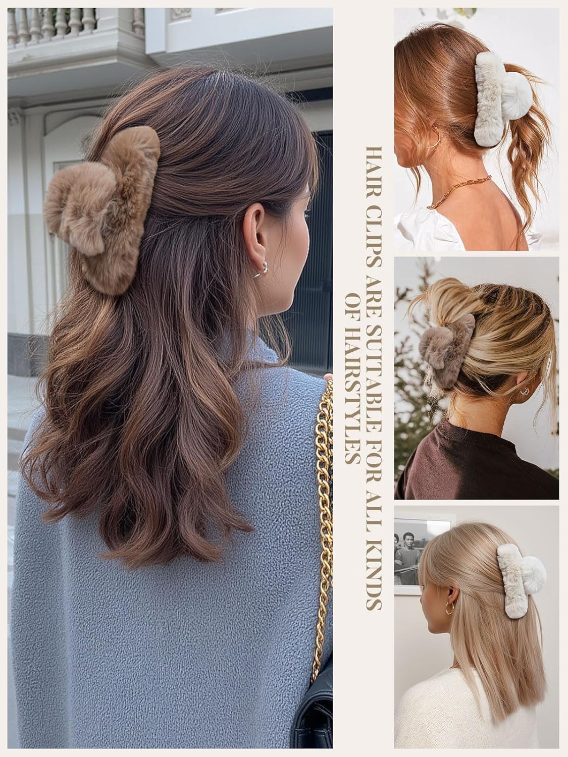 ACECHA 2 Pack Large Fluffy Fuzzy Hair Claw Clips for Women, 5.9" Winter Fur Furry Hairclips, Soft Plush Aesthetic Hair Accessories for Christmas Halloween New Year Party (Coffee & Off-white)