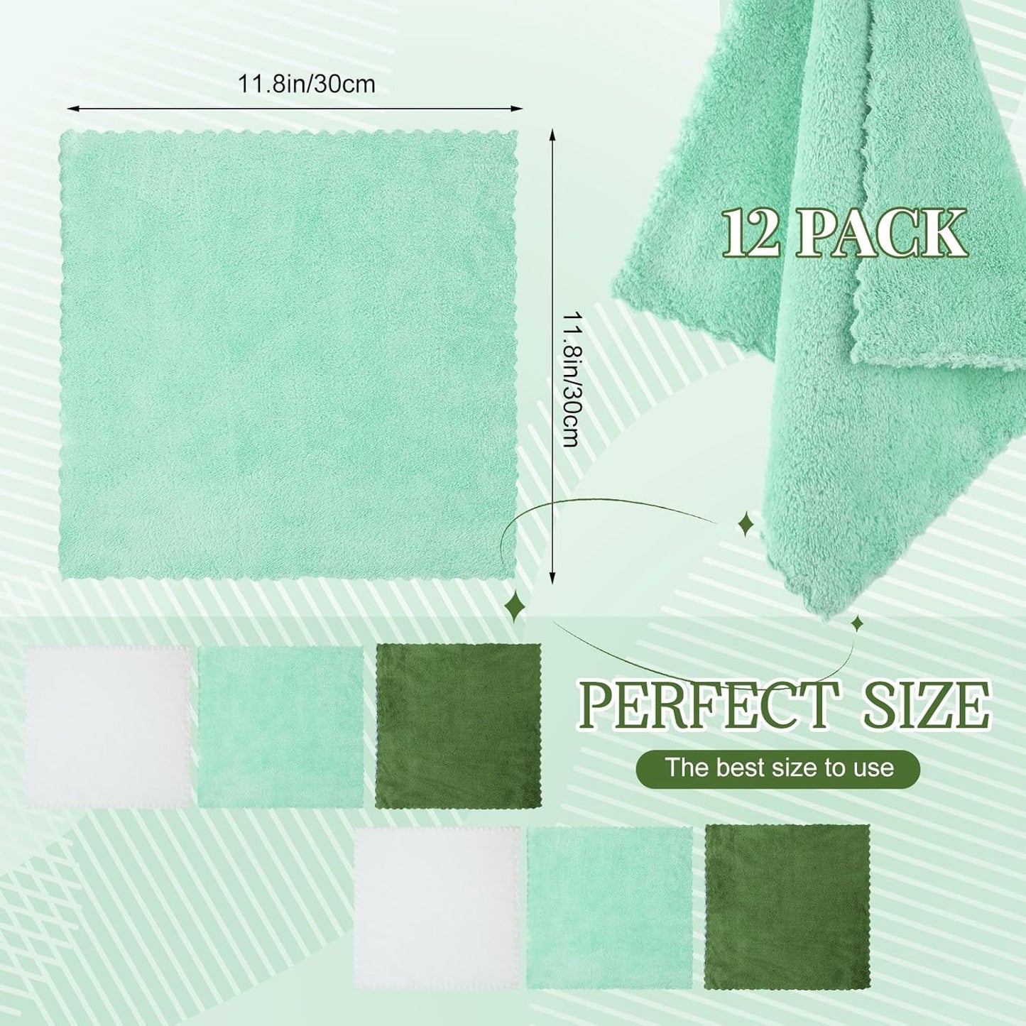 Syhood 12 Pieces Face Wash Cloth 12 x 12 in Makeup Remover Cloths Towel Coral Velvet Facial Microfiber Soft Fast Drying Facial Cleansing Towel for Face (Green Series)