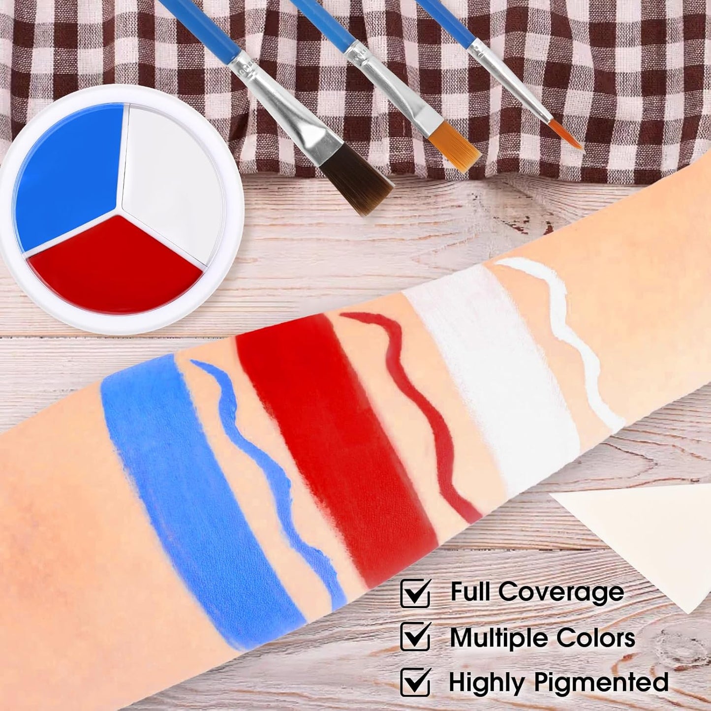3 Colors Face Body Paint [Blue White Red] + 3pc Sponge + 3pc Brush, USA Themed Accessories Flag Color Eye Black for Sport, Face Paint Halloween Makeup Kit for Clown Vampire Joker Makeup