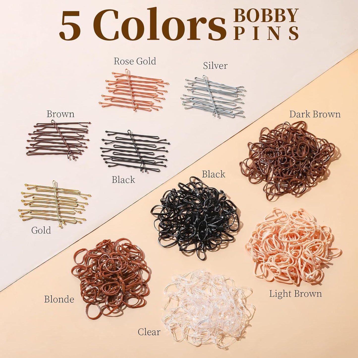 YGDZ 750PCS Bobby Pins for Women, 250PCS 2Inch Hair Pins for Brown Hair, Black, Blonde Hair, 500PCS Elastic Hair Ties Neutral Colors, Bobby Pins Set with Box, Hair Accessories for Women, Girls