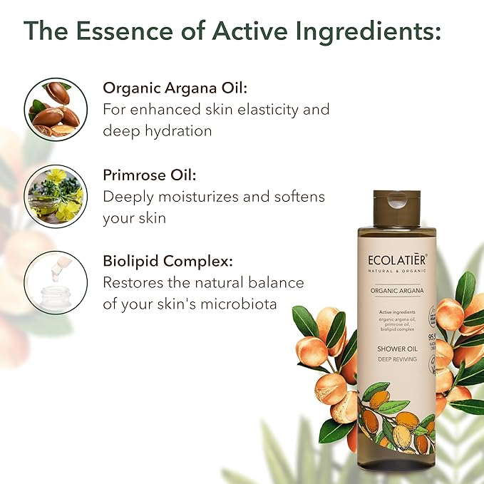 Shower Oil, Facial Foam Cleanser & Daily Facial Cream - Revitalizing & Nourishing Organic Argana Bundle - Hydrating, Anti-Aging & Skin Elasticity Boost Care Set