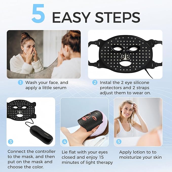 Led Face Mask Light Therapy, Red Light Therapy for Face, 7-1 Colors LED Facial Skin Care Mask, Black