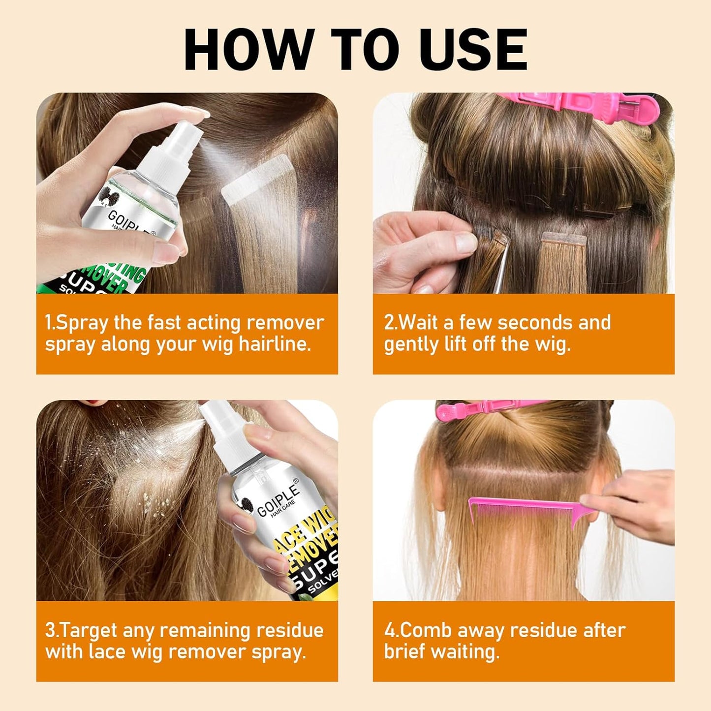 Tape in Extension Hair Glue Remover Spray - Wig Extensions Fast Acting Two Steps System Remover - Tape in Hair Extensions Removes Wig Glue & Tape & Residue - Hair Comb Rat Tail Comb Hair Clips Set