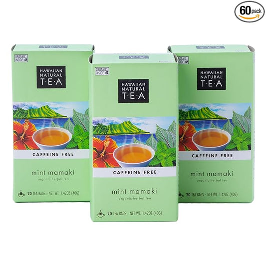 Hawaiian Natural Tea Organic Mamaki Mint Tea Blend - Caffeine Free Herbal Tea - Antioxidant-Rich, Calming, Wellness Tea for Bedtime, Anxiety & Stress - Gift for Tea Lovers - 60 Tea Bags