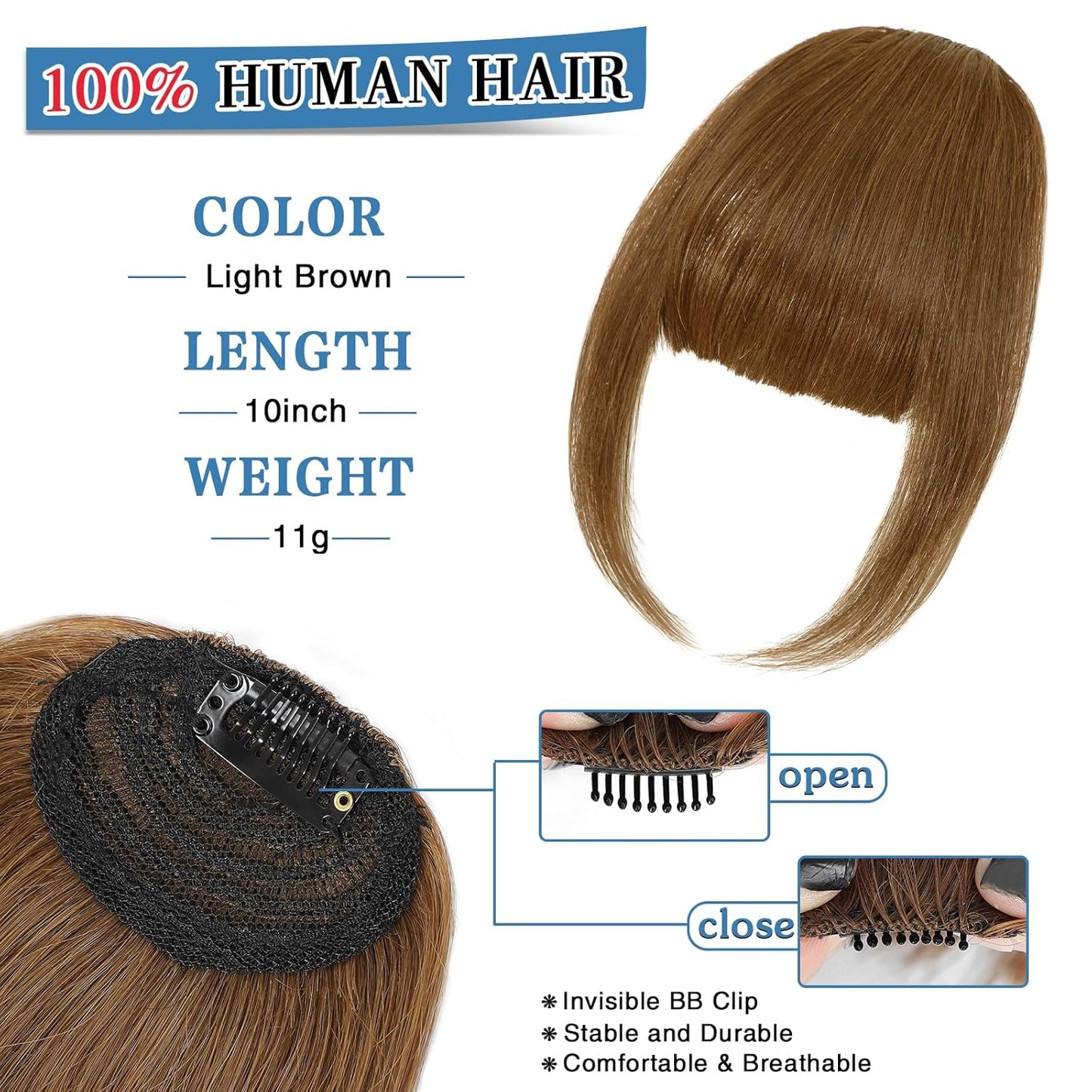 Bangs Hair Clip Human Hair Light Brown French Bangs for Women Fringe with Temples Hairpieces Clip on Bangs for Daily Wear (Light Brown, French Bangs)