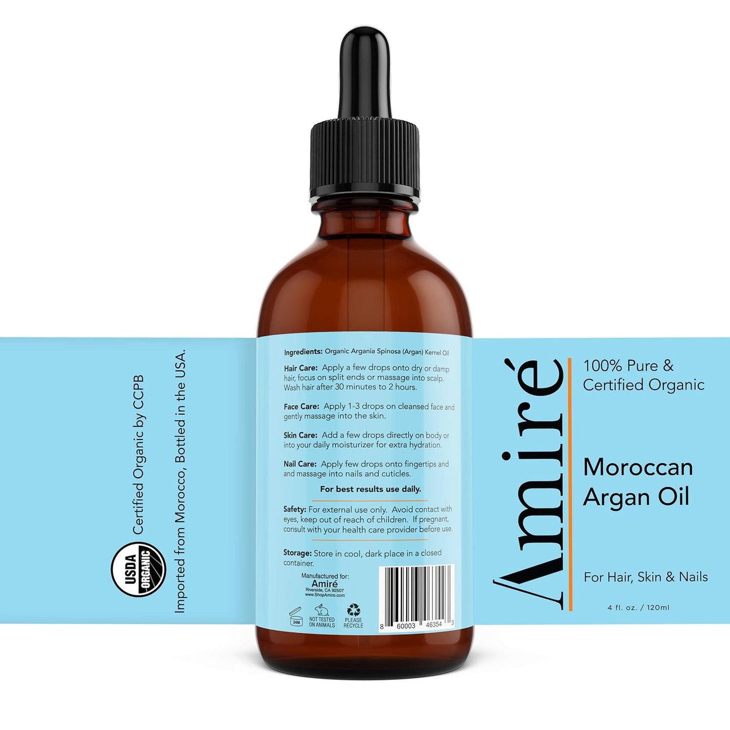 USDA Certified Organic Argan Oil 4oz, Triple Extra Virgin Grade Moroccan Argan Oil for Hair Growth. Skin, Face, & Nails. Moisturizer. Scalp Treatment Hair Oil for Dry, Damaged, Brittle Hair.