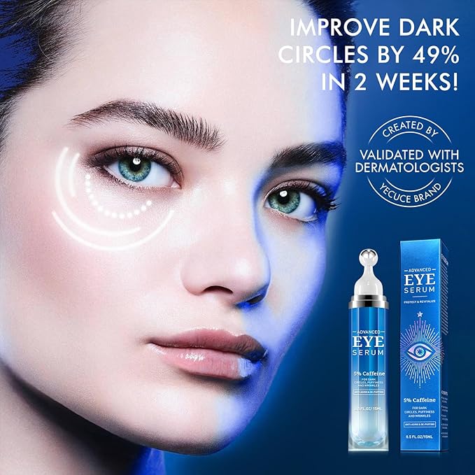 Eye Serum for Dark Circles and Puffiness - 5% Caffeine Under Eye Cream Anti Aging, with Retinol Hyaluronic Acid Niacinamide, Eye Serum for Eye Bags with 360° Eye Roller Ball for Women & Men