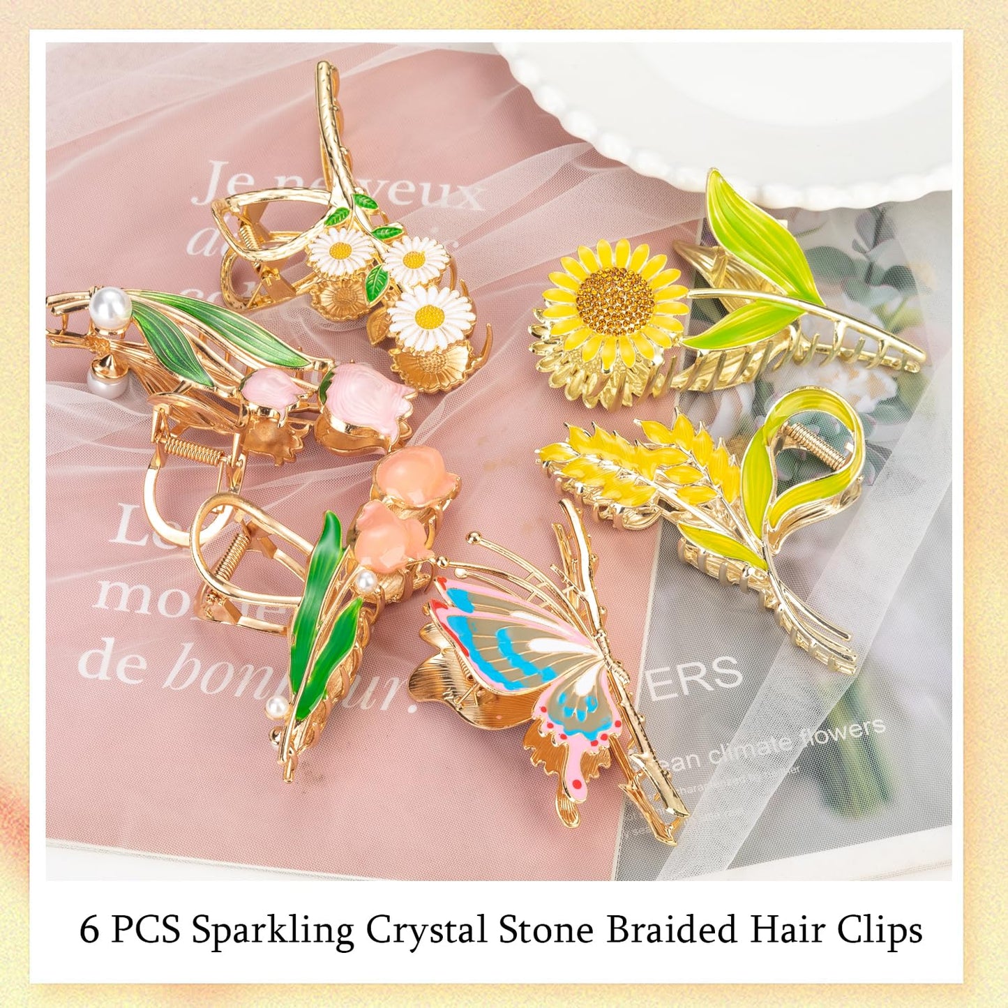 6 Pcs Flower Metal Claw Hair Accessories for Women & Girls - Large Tulip Nonslip Styles, Strong Hold Matte Claws for Long, Thick & Thin Hair