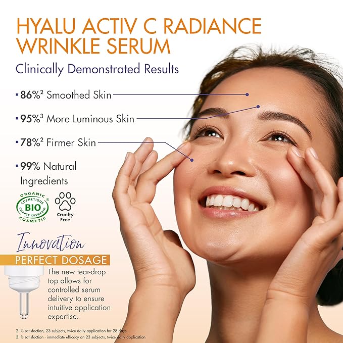 Organic Hyalu Activ C Serum for Face & Eyes - Optimized Vitamin C 5x More Stable With Hyaluronic Acid - Anti-Wrinkle - Brighter & Plumped Skin - 1.01 Fl Oz