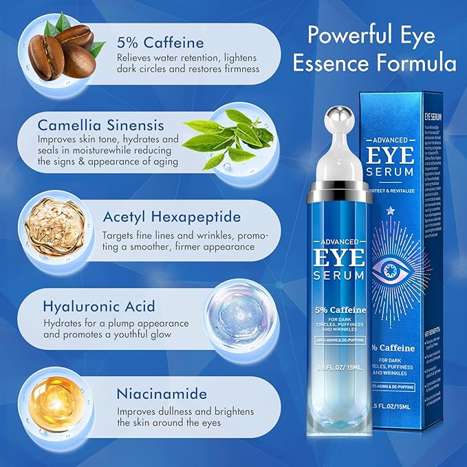 Eye Serum for Dark Circles and Puffiness - 5% Caffeine Under Eye Cream Anti Aging, with Retinol Hyaluronic Acid Niacinamide, Eye Serum for Eye Bags with 360° Eye Roller Ball for Women & Men