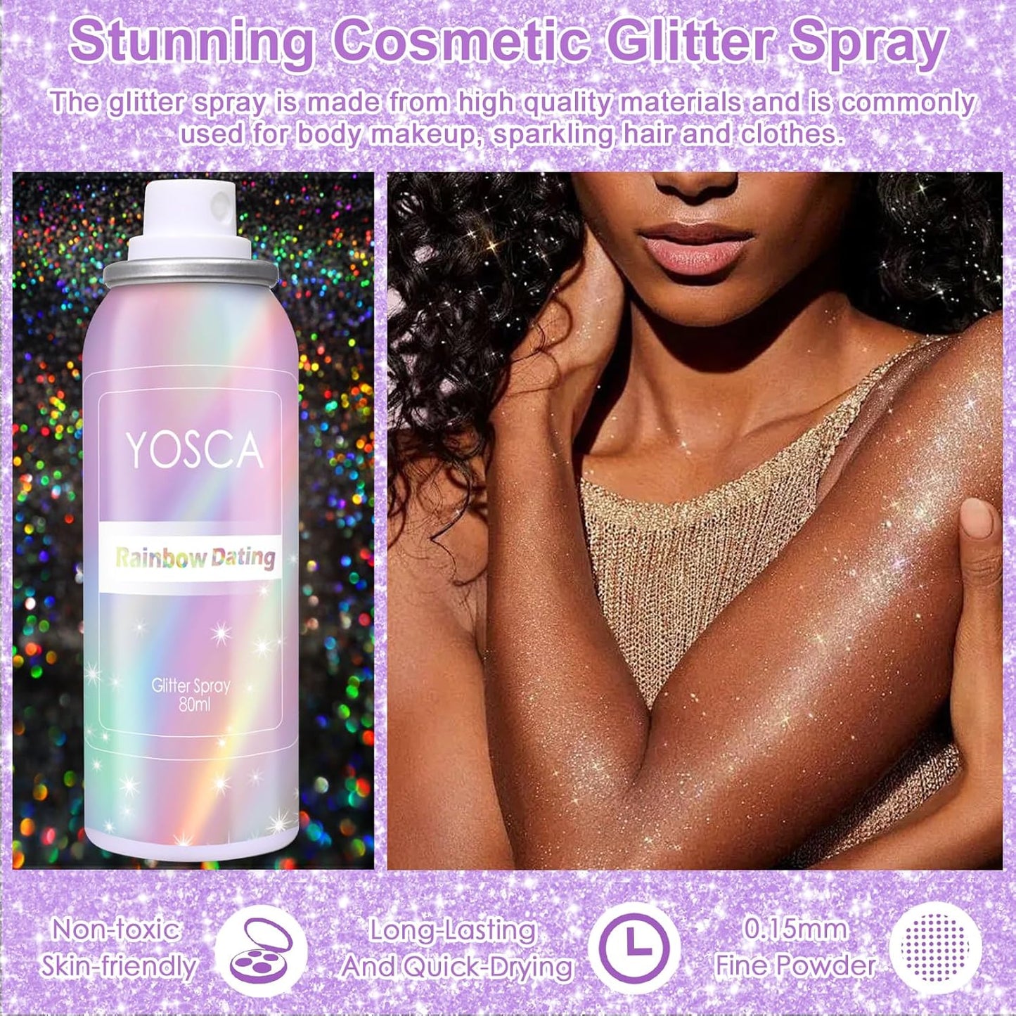 Yosca Body Glitter Spray, 80ML Holographic Silver Glitter Hairspray, Quick-Drying and Long-Lasting Shiny Glitter Spray for Body Hair Sparkling Makeup Festival Concert Party Clothes Rave Accessories