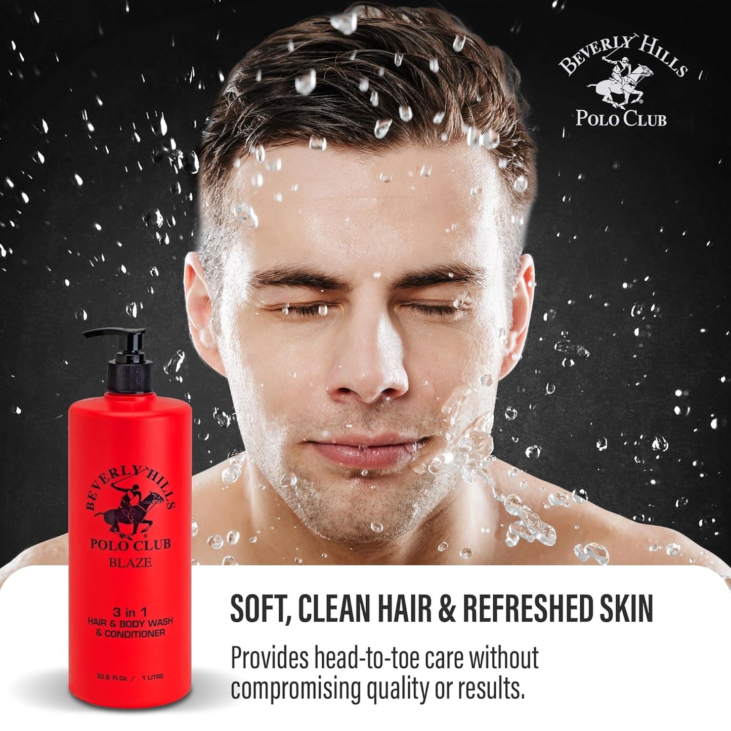 Beverly Hills Polo Club Men's 3-in-1 Shampoo Conditioner Body Wash | Blaze Scent | Premium All-Day Freshness & Invigorating Luxury Grooming | Large 33.8 fl oz Bottle