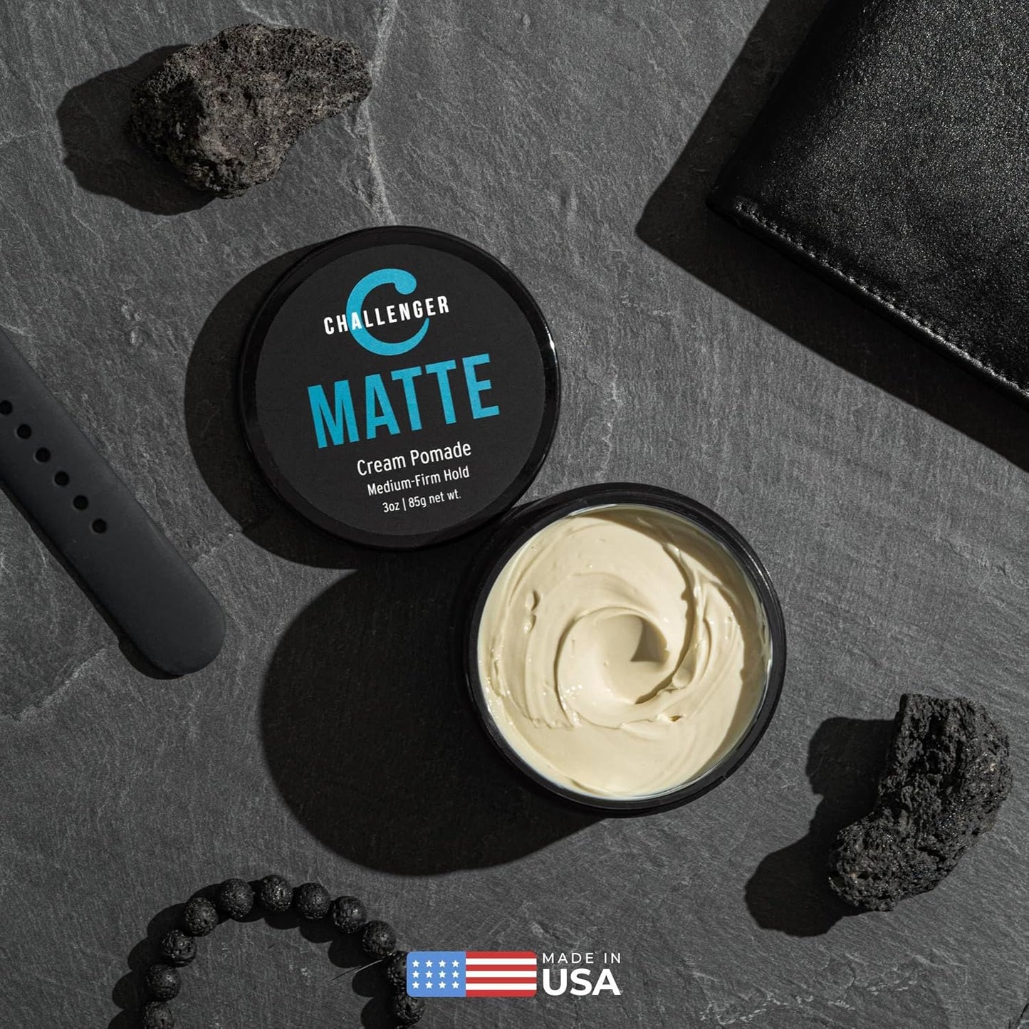 Challenger Matte Cream Pomade | Natural, Shine Free Styling Product | Medium Firm All-Day Hold | Travel Friendly Water Based Hair Gel | For All Hair Types | 1.5oz