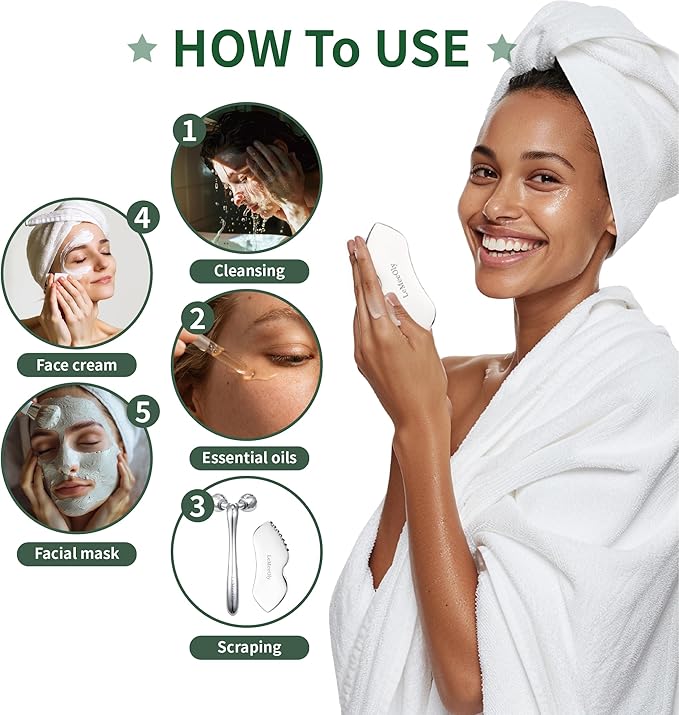 Gua Sha Facial Tools Stainless Steel & Face Roller Massager Skin Set, Metal Guasha Facial Roller Massage Tool Natural Skin Care for Face Neck Body, Reduce Puffiness Remove Wrinkles, Gift for Women