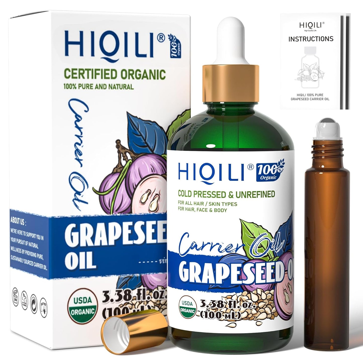 HIQILI 3.38 Fl Oz Organic Grapeseed Oil for Hair, for Skin, Carrier Oil for Essential Oils Mixing, 100% Pure & Natural-100ML