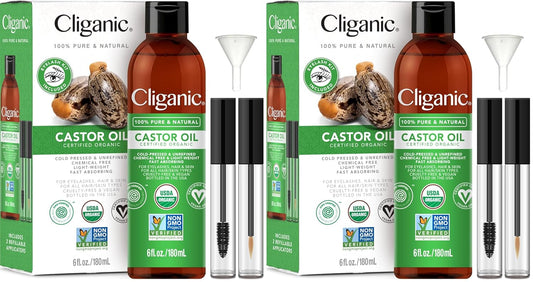 Cliganic Organic Castor Oil, 100% Pure (6oz with Eyelash Kit) - For Eyelashes, Eyebrows, Hair & Skin (Pack of 2)