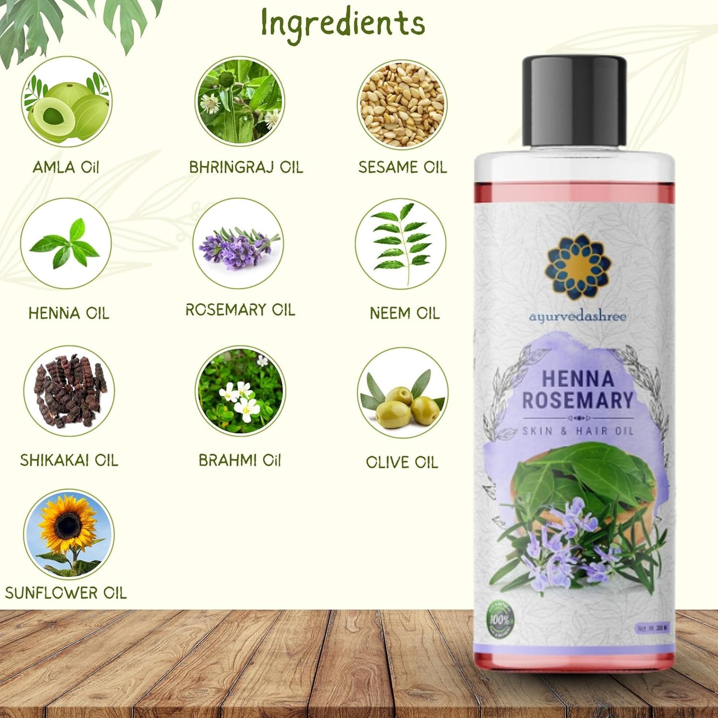 Henna Rosemary Hair Oil 200 ml, 6.76 fl oz with Neem, Shikakai, Bhringraj, Amla, Brahmi, Sesame, Olive & Sunflower Oils