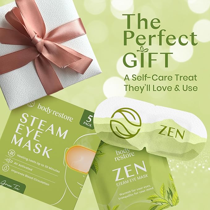 Body Restore Self Heated Steam Eye Mask 5 Pack - Easter Basket Stuffers, Relaxation Gifts for Her and Him, Best Friend, Stye Eye Treatment, Disposable Heating Pad, Travel Essentials - Green Tea